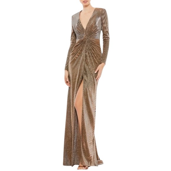 Mac Duggal Dresses & Skirts - Mac Duggal 261941 Bronze Shimmer Long Sleeve High Slit Gown Size 6 $298